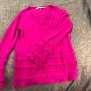 Trina Turk vivid fuscia knit sweater with fringe